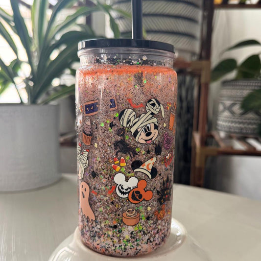 Halloween Snow Globe Glass Tumbler with Lid