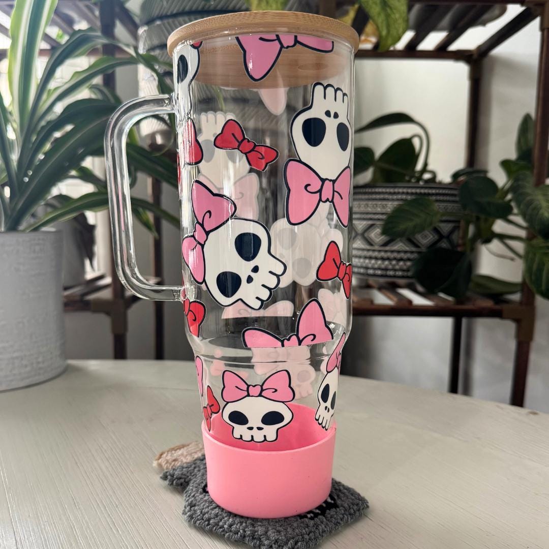 Skull & Bows Glass Tumbler: Pink Halloween Iced Coffee Cup, Bamboo Lid