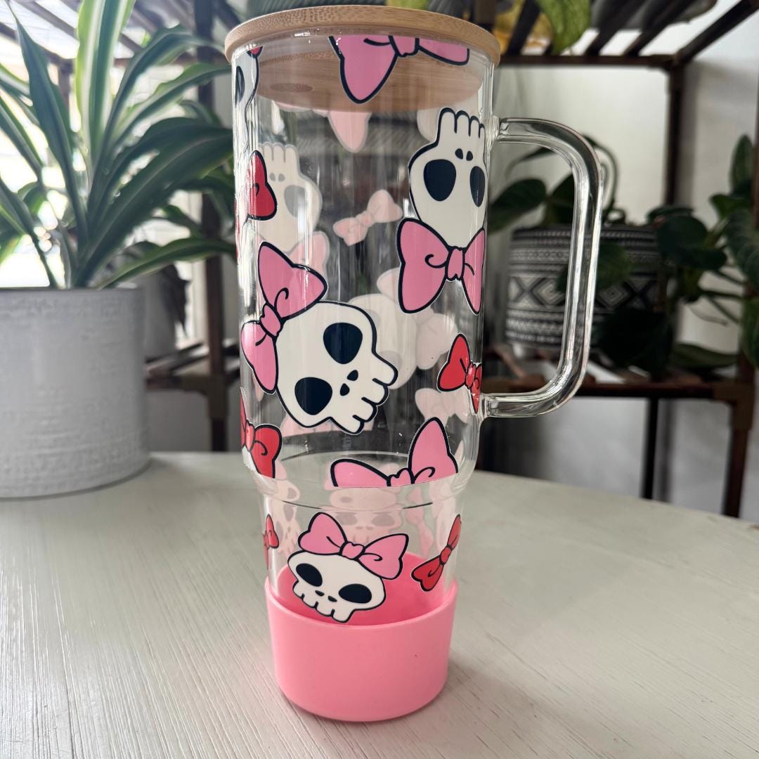Skull & Bows Glass Tumbler: Pink Halloween Iced Coffee Cup, Bamboo Lid