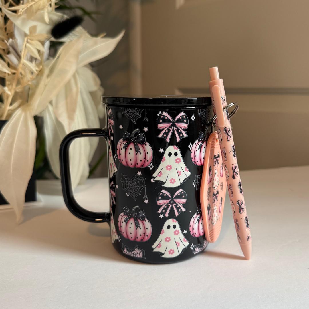 Halloween Coffee Mug Gift Set: Ghost, Pumpkin, Keychain & Pen