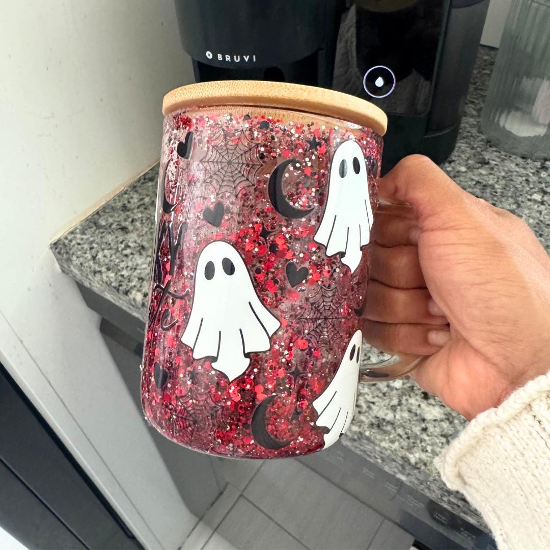 Red Glitter Ghost  Iced Coffee Cup Collectible Drinkware Gift