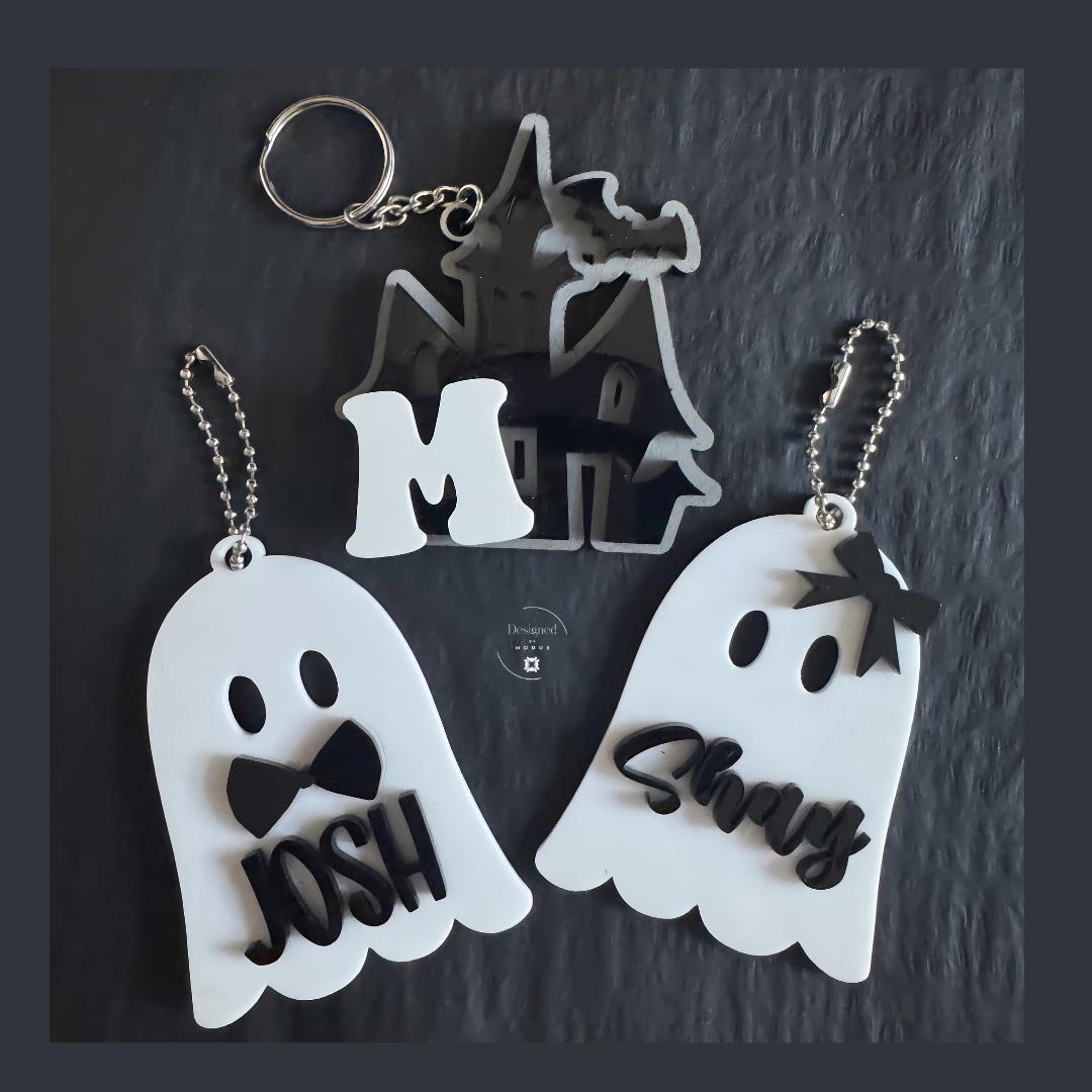 Personalized Halloween Bag Tag: Ghost Keychain, Acrylic Trick or Treat Favor