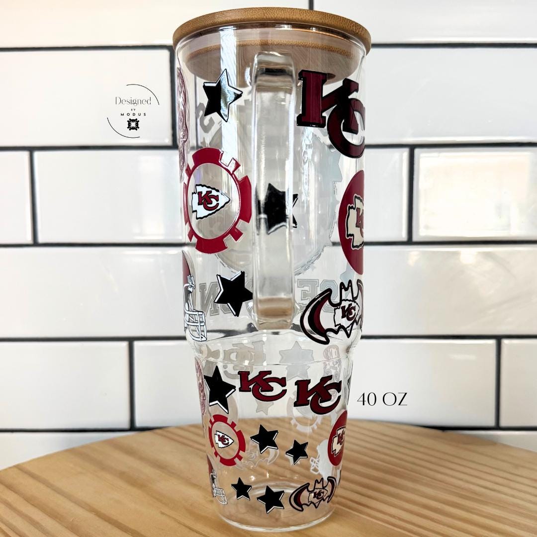 Kansas City Chiefs Tumbler 40oz Glass Cup with Handle Bamboo Lid