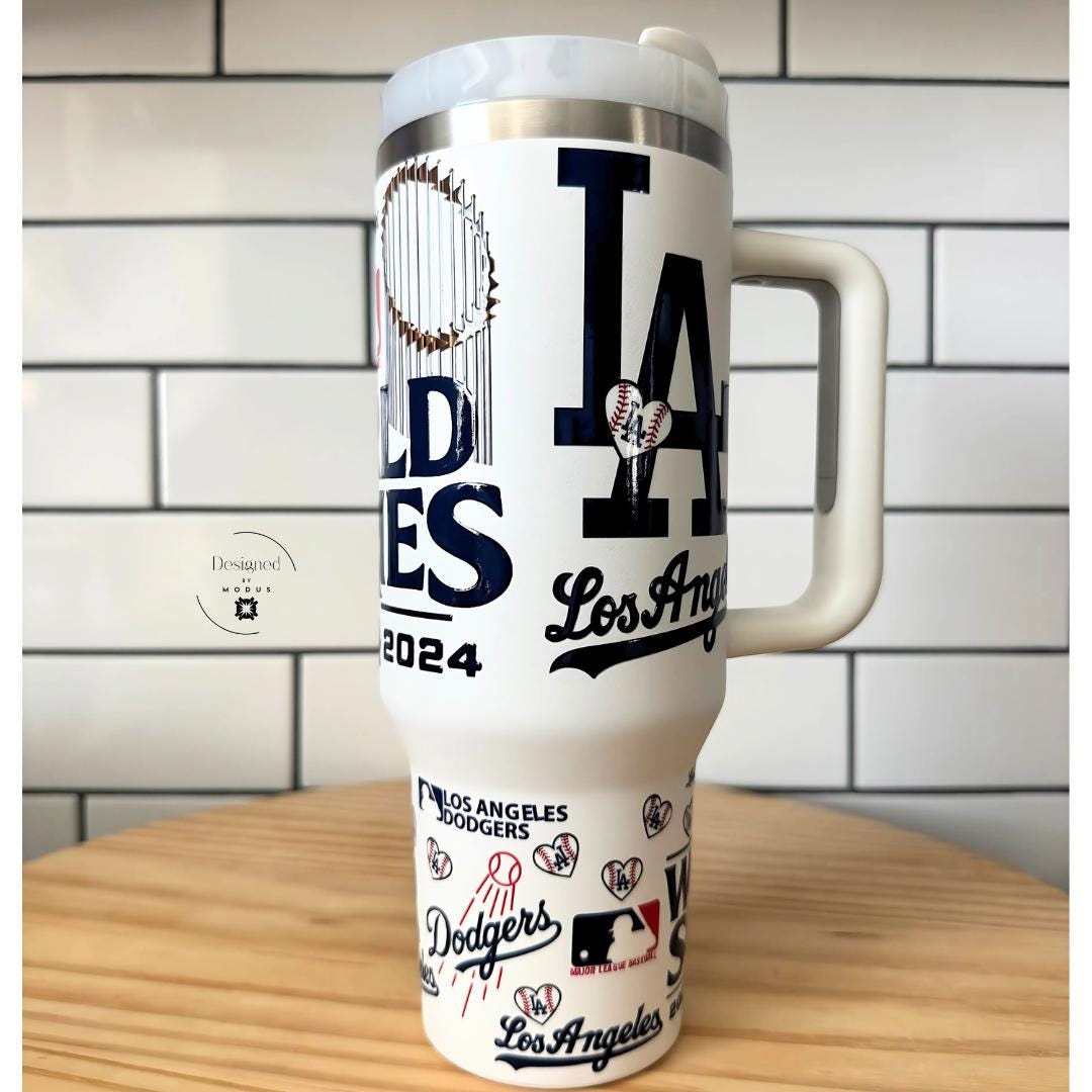Dodgers World Series 2024 fan gift tumbler with handle and lid