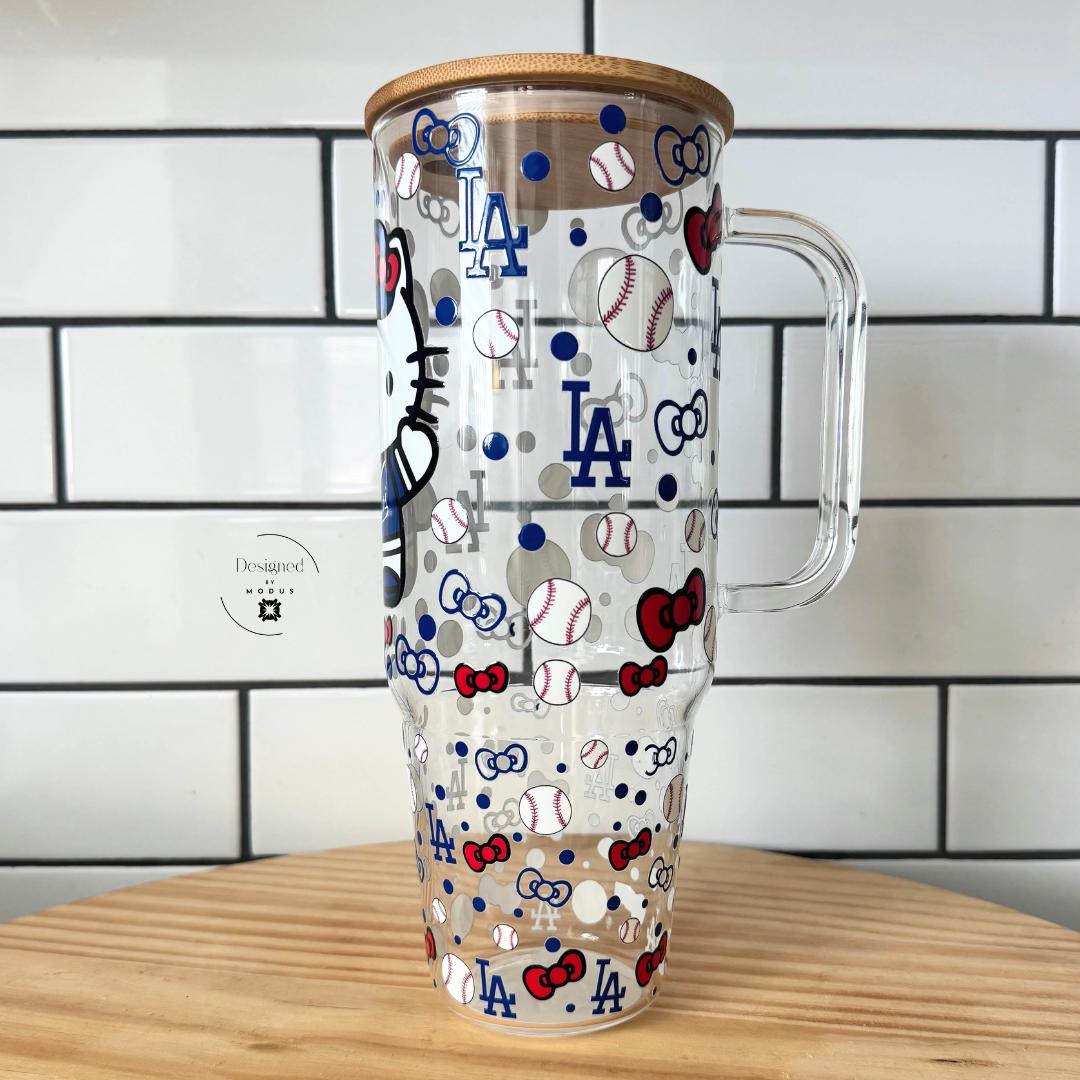 Los Angeles Dodgers glass cup with Hello Kitty and baseball designs