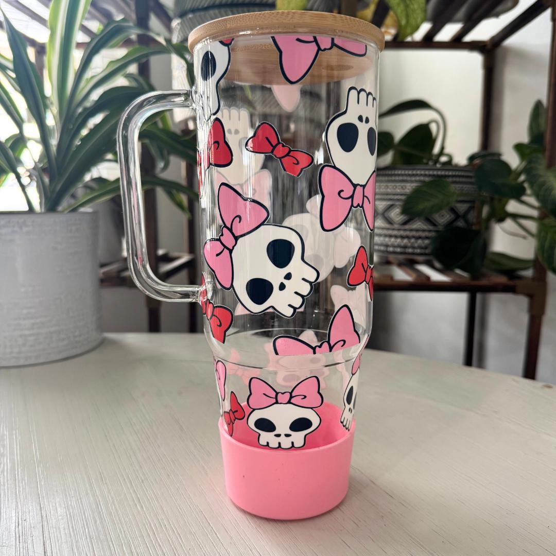 Skull & Bows Glass Tumbler: Pink Halloween Iced Coffee Cup, Bamboo Lid