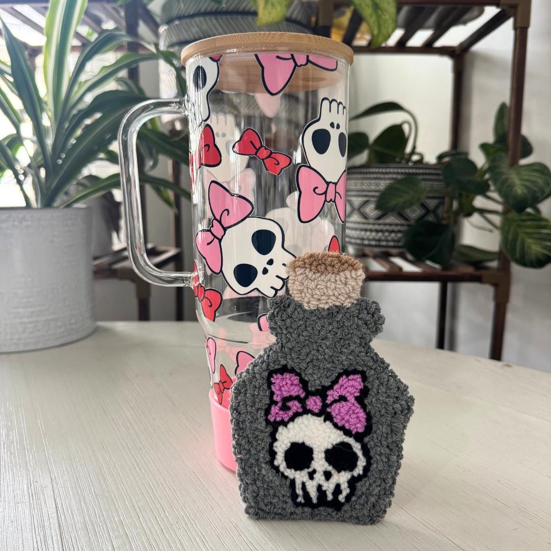 Skull & Bows Glass Tumbler: Pink Halloween Iced Coffee Cup, Bamboo Lid