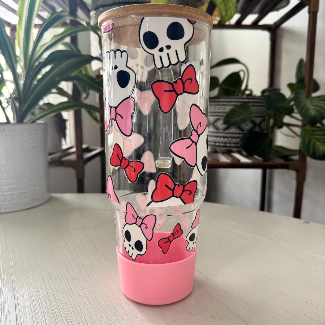 Skull & Bows Glass Tumbler: Pink Halloween Iced Coffee Cup, Bamboo Lid