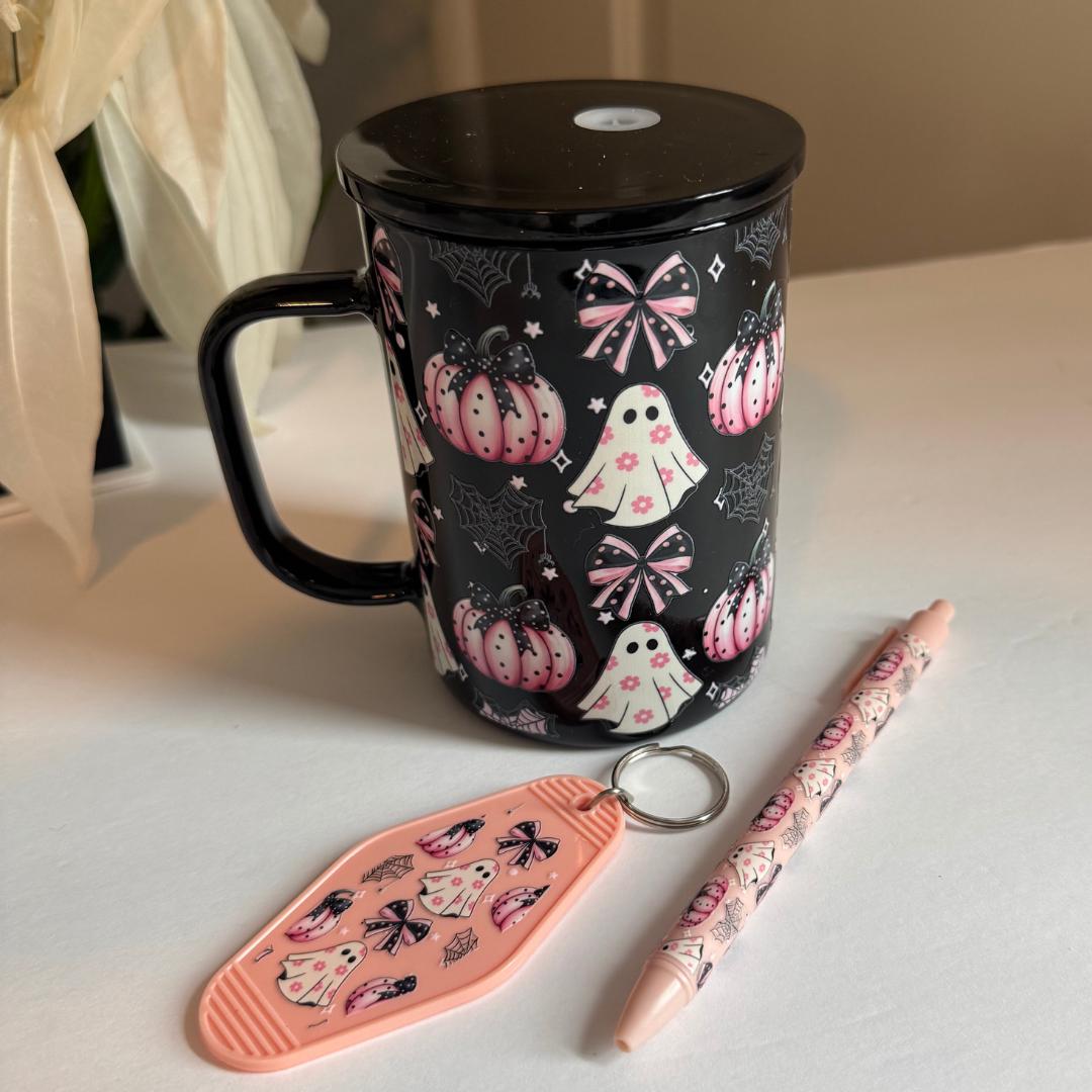 Halloween Coffee Mug Gift Set: Ghost, Pumpkin, Keychain & Pen