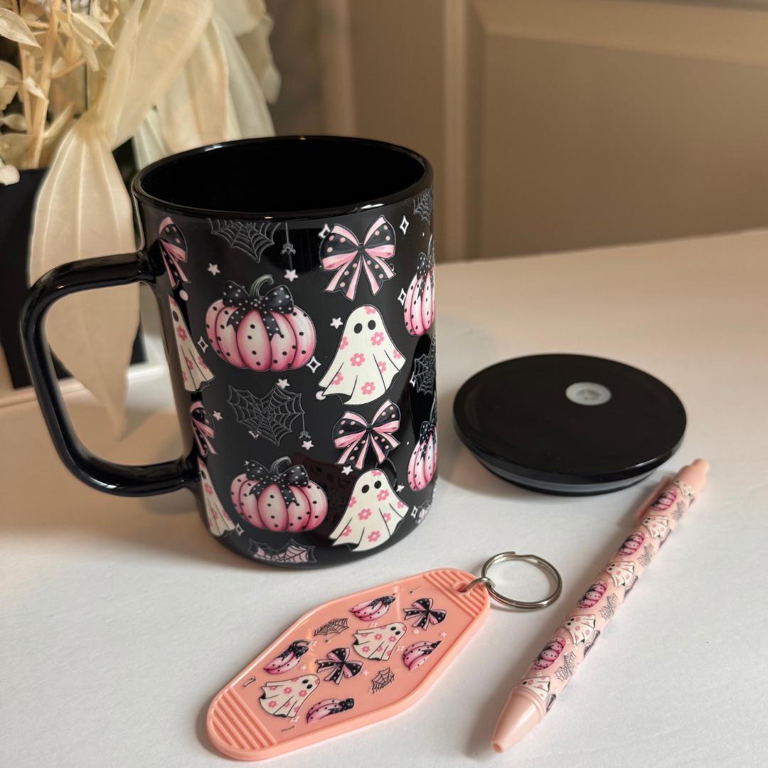 Halloween Coffee Mug Gift Set: Ghost, Pumpkin, Keychain & Pen