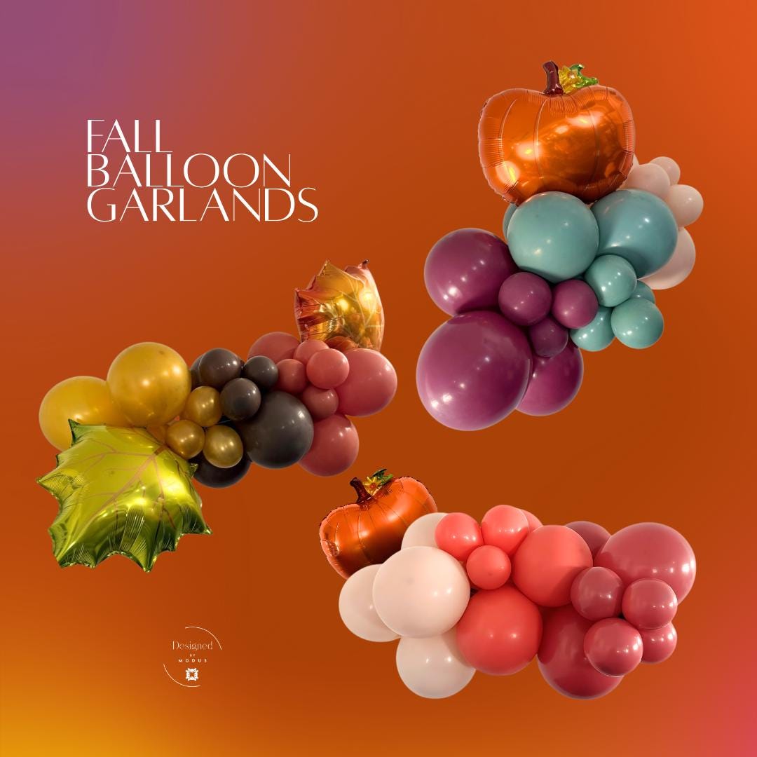 Fall balloon garlands with orange pumpkin and maple leaf mylar balloons, mixed with burgundy, teal, gold, and blush latex balloons for autumn party décor.