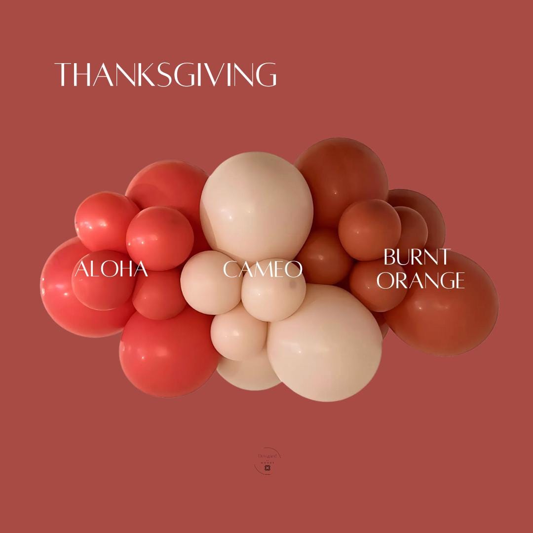 Thanksgiving balloon garland kit in aloha coral, cameo cream, and burnt orange balloons — a festive fall balloon arch for Friendsgiving, holiday dinners, and seasonal parties.
