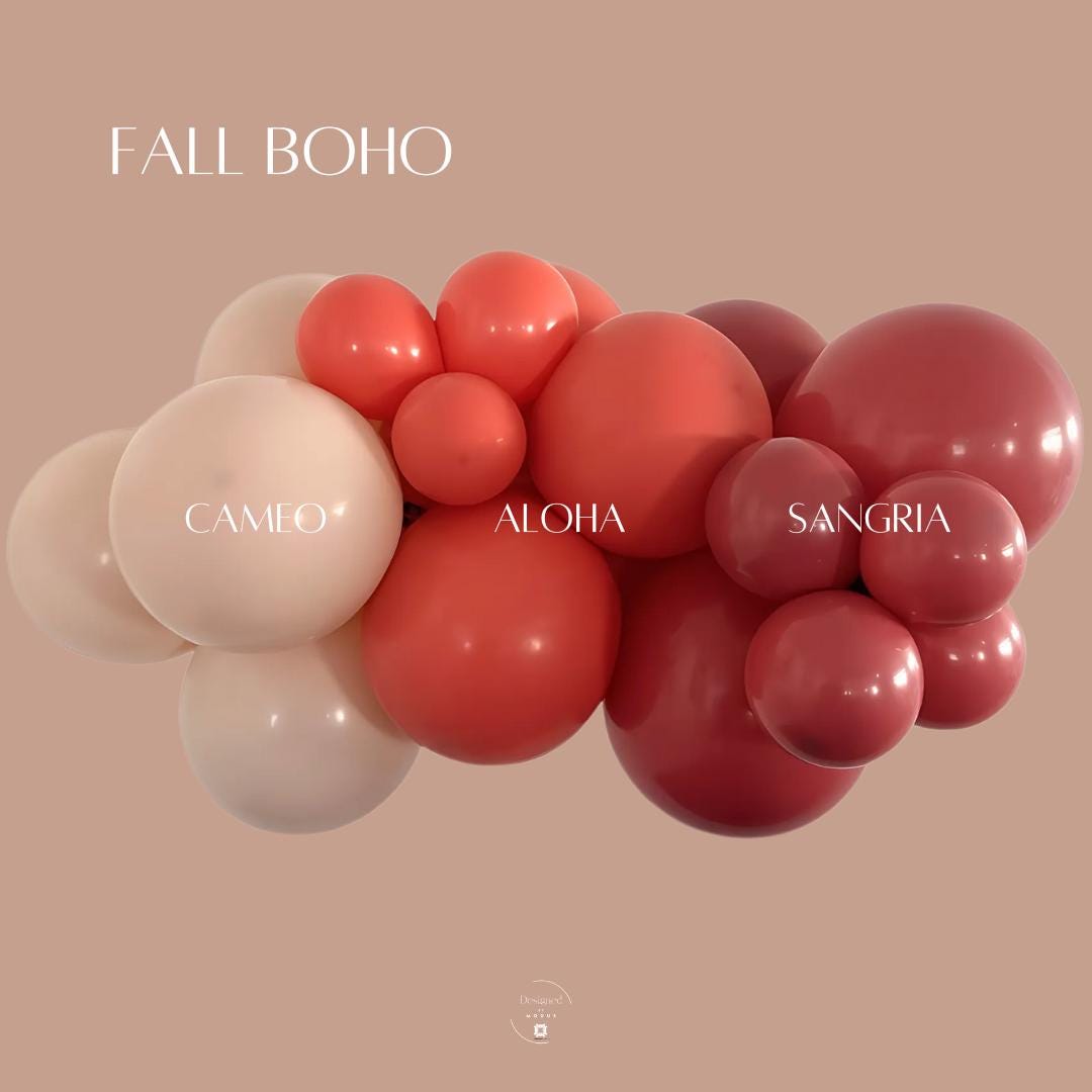 Fall Boho balloon garland kit in cameo cream, aloha burnt orange, and sangria red — a chic DIY balloon arch for boho parties, fall showers, and autumn weddings.