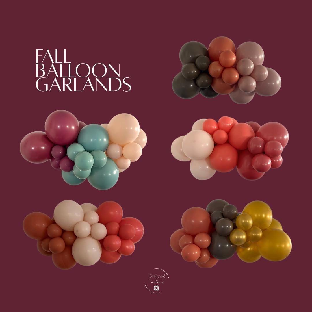 Fall balloon garlands collection featuring five DIY balloon arch kits in seasonal palettes: Golden Ember, Fall Boho, Harvest Spice, Sage Vineyard, and Thanksgiving. Perfect for autumn parties, weddings, showers, and holiday decor.