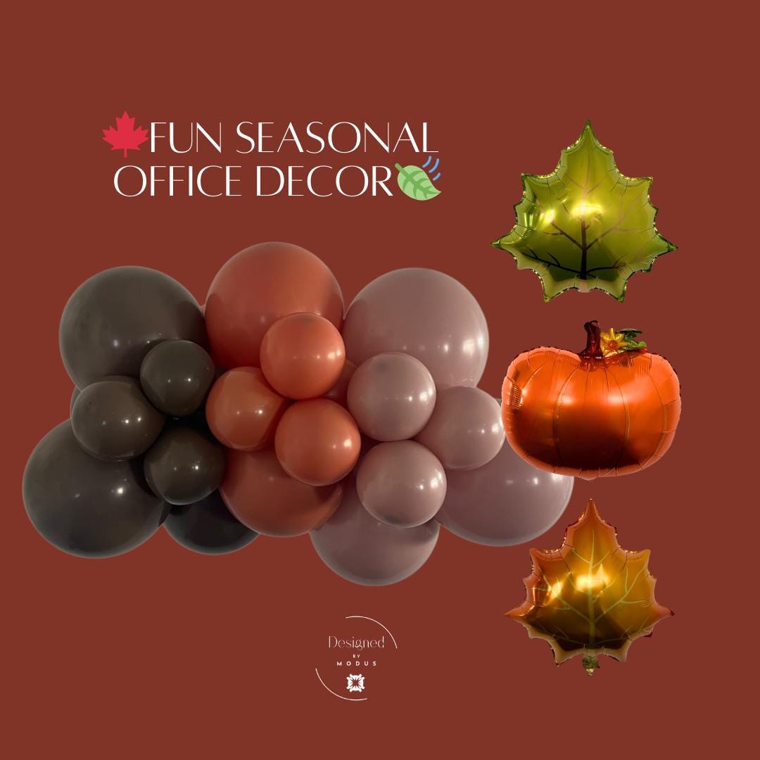 Fall balloon garland in burnt orange, cocoa, and malted pink with pumpkin and leaf foil balloons. Seasonal office party décor, easy DIY arch kit for fall celebrations