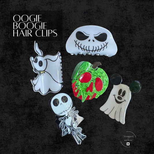 Halloween hair clips featuring Jack Skellington, Zero, Mickey Ghost, and Poison Apple designs.