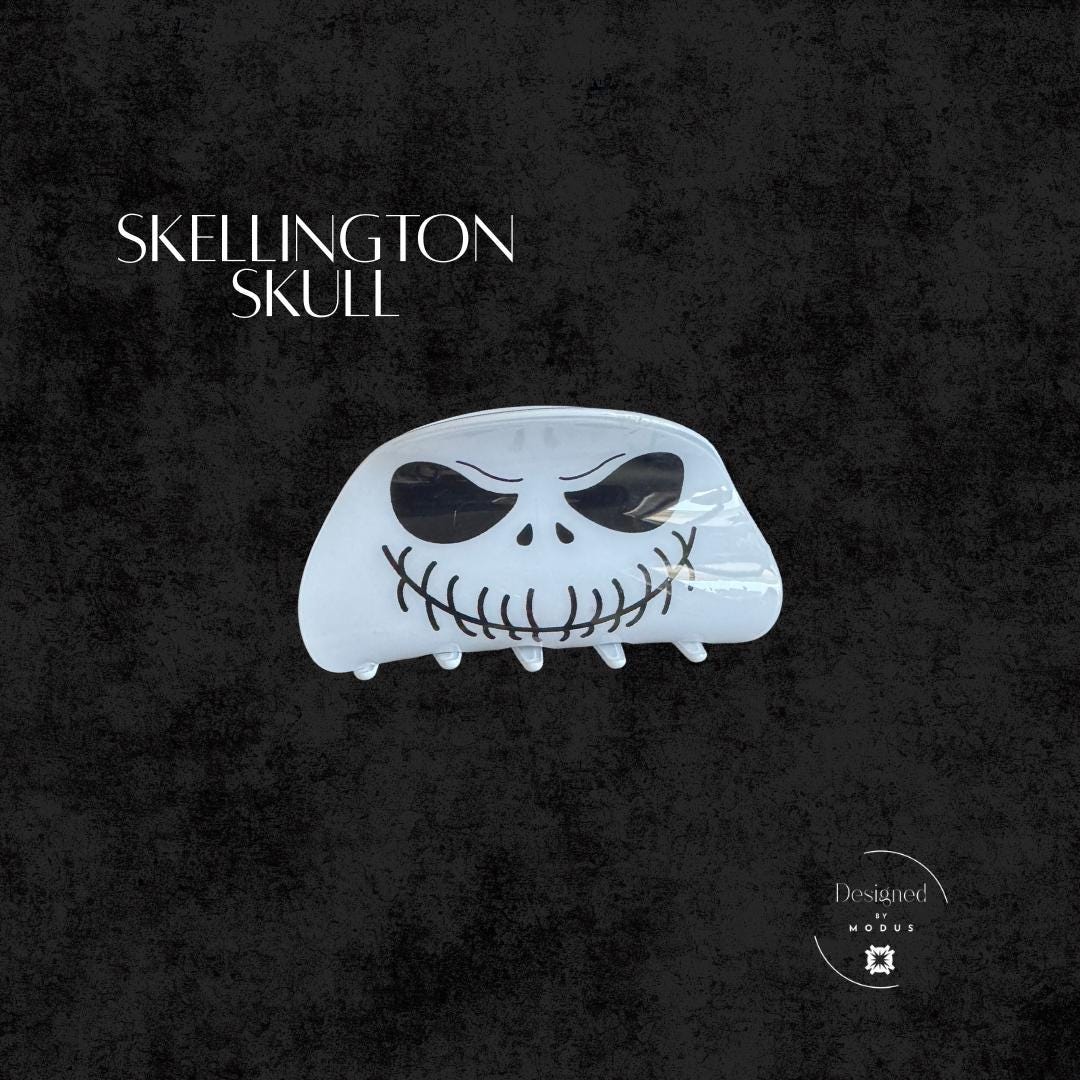 Large Jack Skellington skull claw clip for Halloween hair styling.