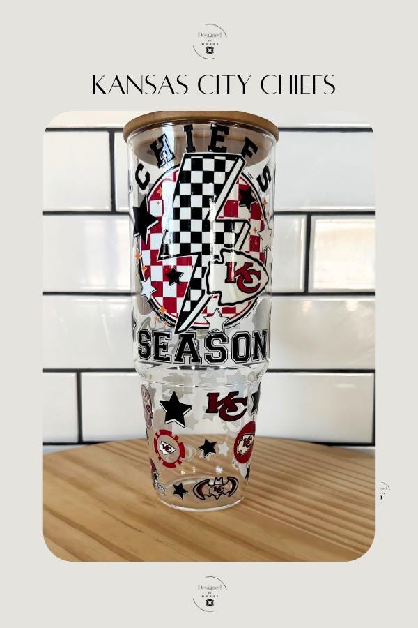 Chiefs Tumbler 40oz: Glass Cup with Bamboo Lid, Football Fan Gift