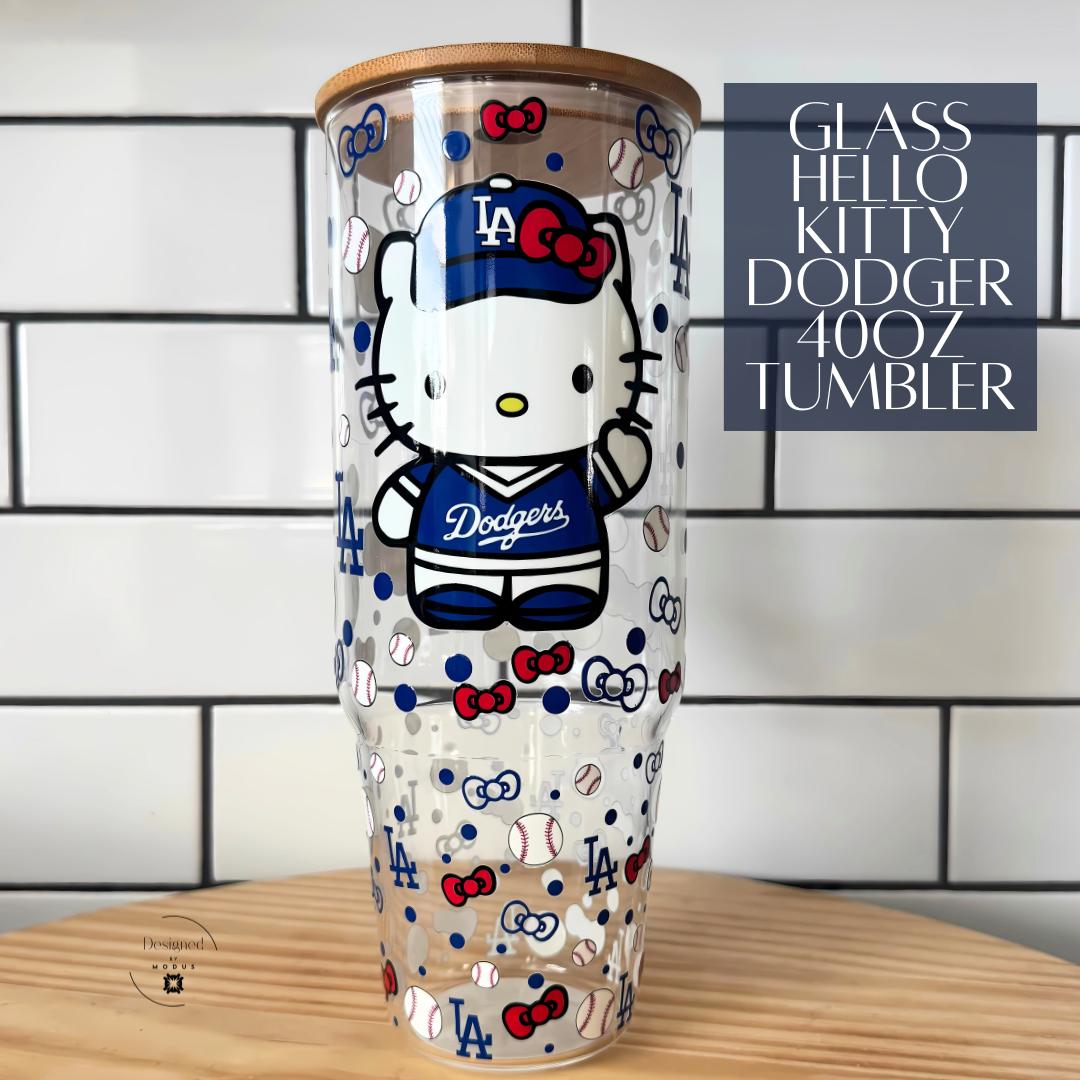 Hello Kitty Dodgers 40oz glass tumbler with bamboo lid and handle