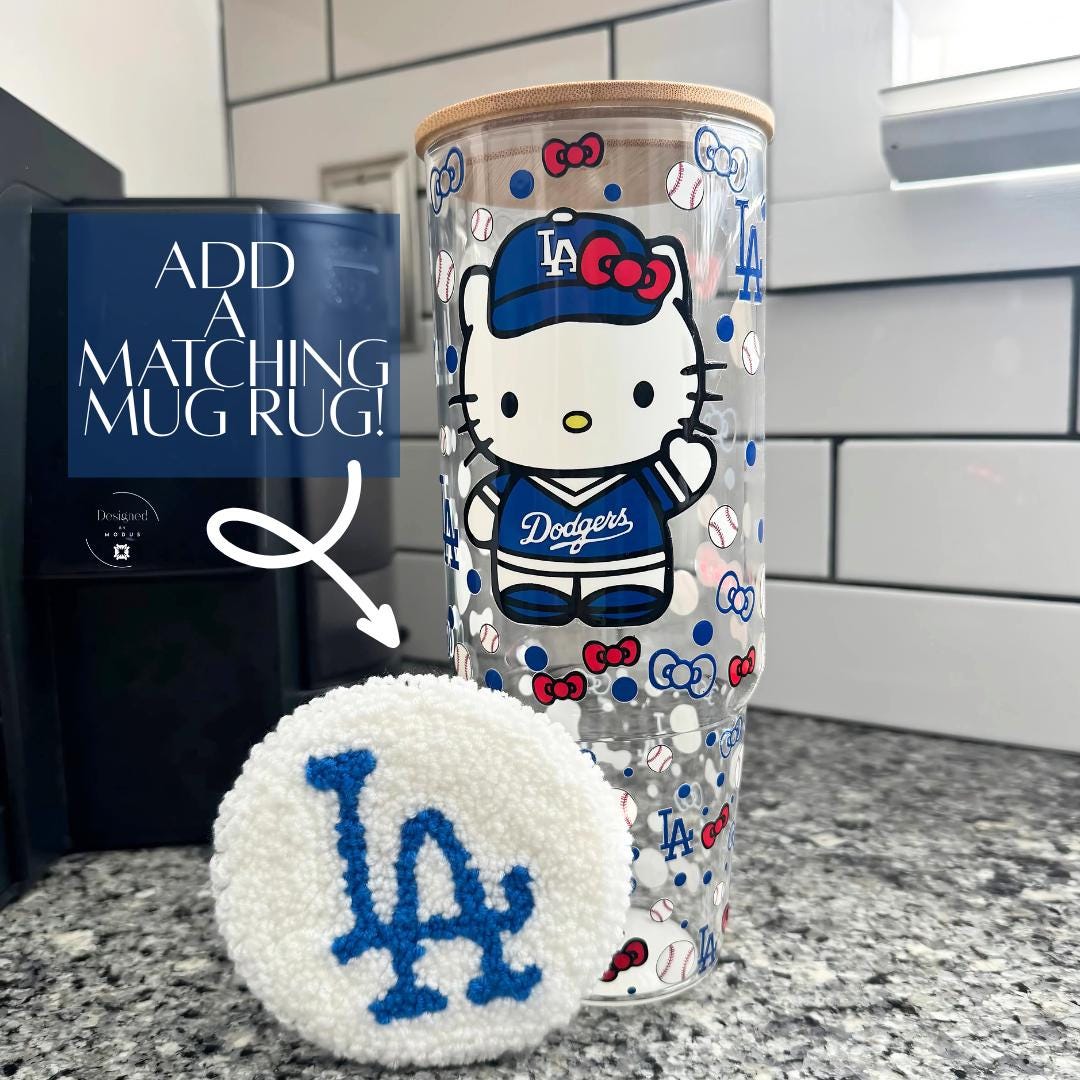 Collectible Dodgers Hello Kitty drinkware with bamboo lid with LA mug rug