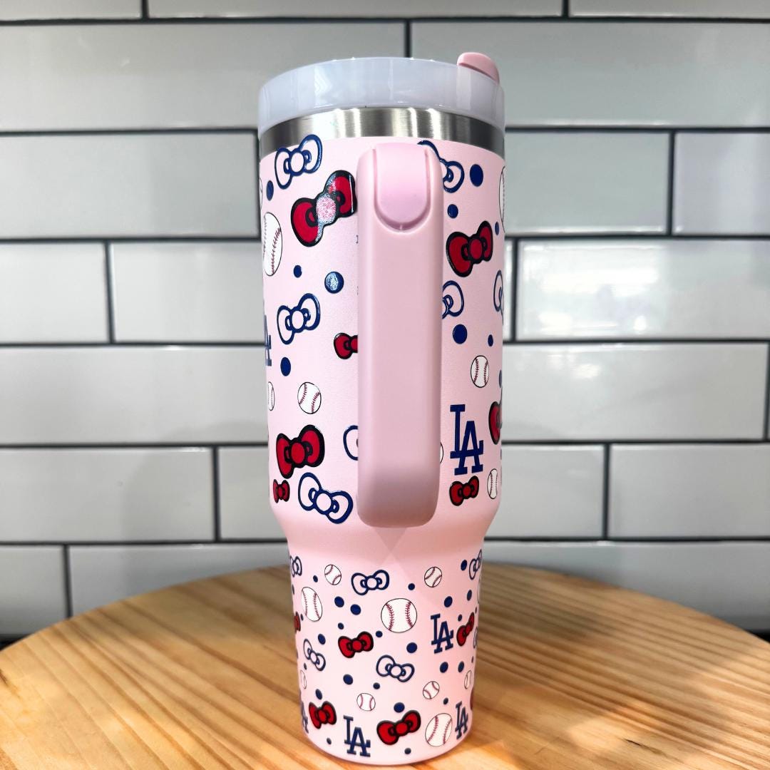 Hello Kitty Dodgers Tumbler Set: Pink Stainless Steel Mug, Pen & Keychain