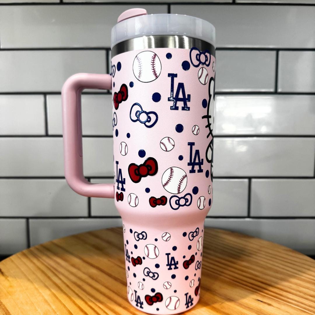 Hello Kitty Dodgers Tumbler Set: Pink Stainless Steel Mug, Pen & Keychain