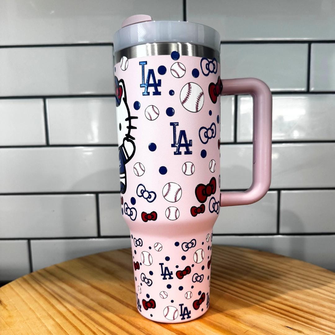 Hello Kitty Dodgers Tumbler Set: Pink Stainless Steel Mug, Pen & Keychain