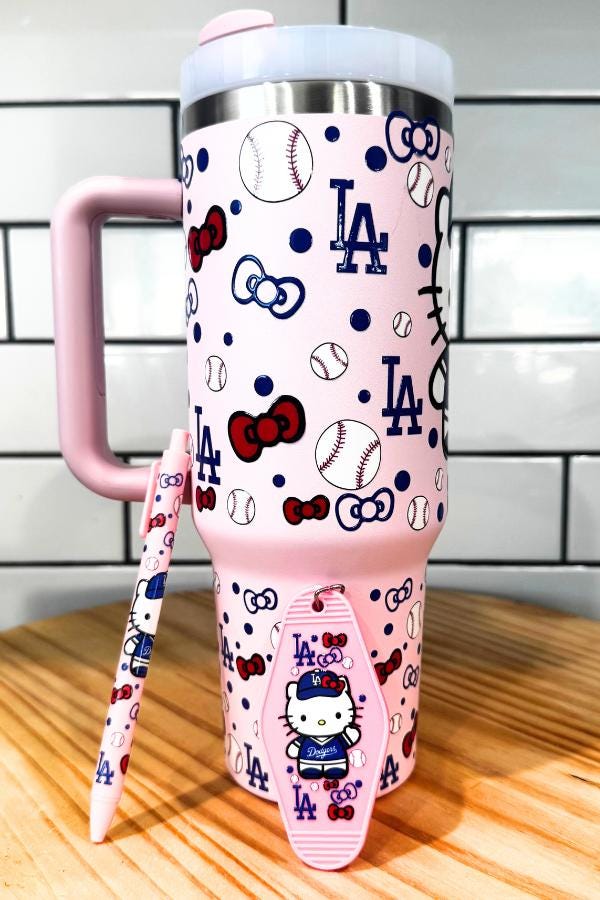 Hello Kitty Dodgers Tumbler Set: Pink Stainless Steel Mug, Pen & Keychain