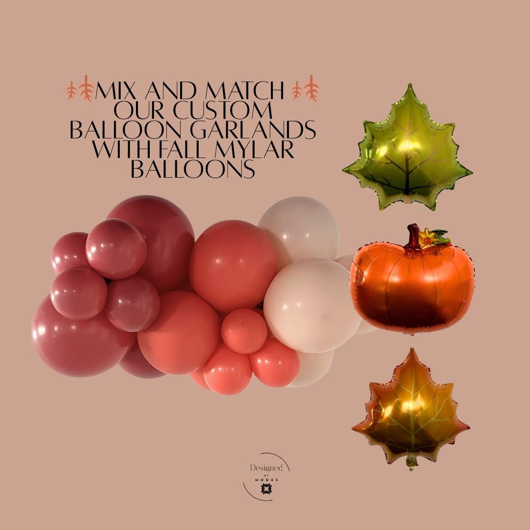 DIY balloon garland kit with red, blush, and white balloons, paired with pumpkin and maple leaf mylar balloons for fall décor.