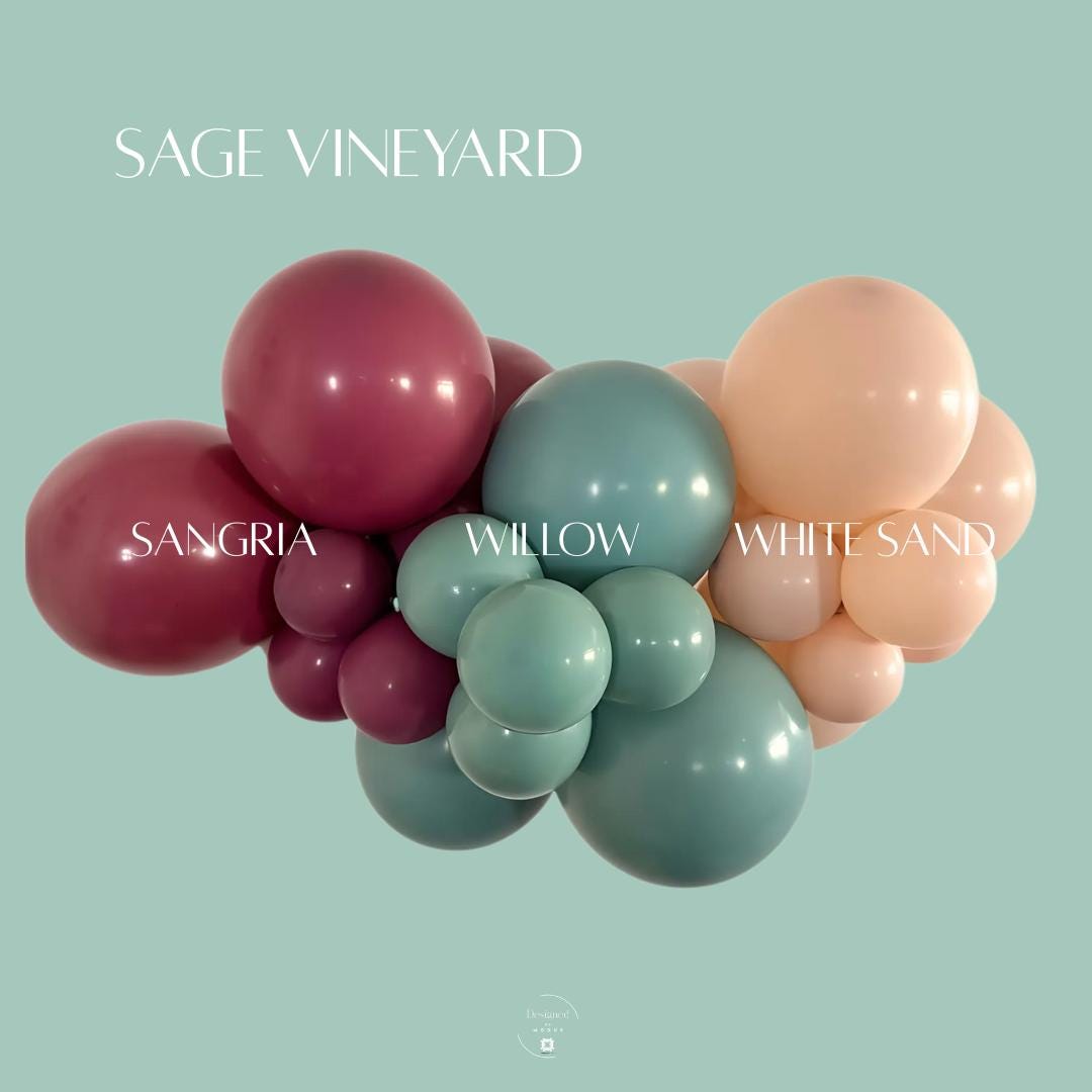Sage Vineyard balloon garland kit with sangria wine, sage willow green, and white sand balloons — a vineyard-inspired DIY balloon arch for weddings, showers, and holiday parties.