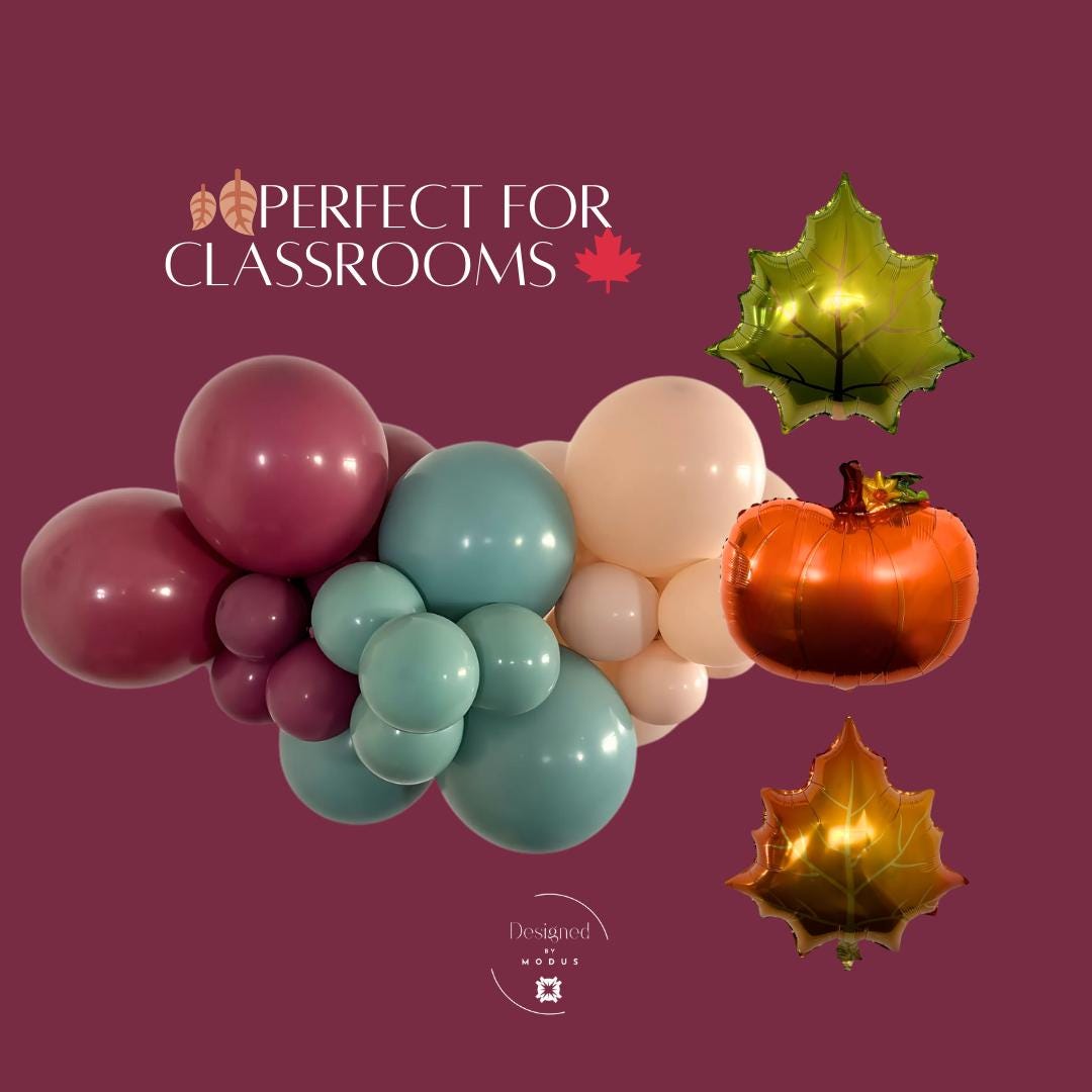 DIY fall balloon garland in burgundy and teal with pumpkin and leaf mylar balloons. Perfect classroom decoration for teachers, autumn birthdays, or Thanksgiving parties.