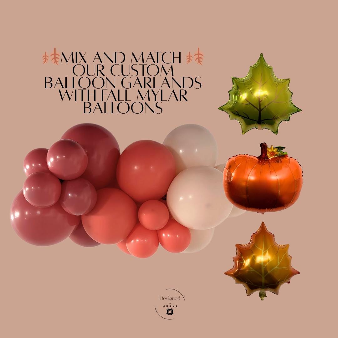 Custom fall balloon garland with orange pumpkin and green leaf mylar balloons. Mix and match balloon arch kit for parties, baby showers, Friendsgiving, or school events.