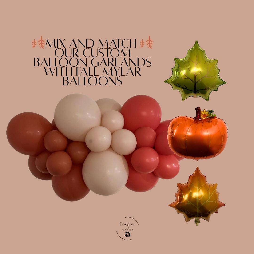 Thanksgiving balloon garland in cameo and burnt orange with pumpkin and leaf foil balloons. DIY fall balloon arch kit for Friendsgiving, weddings, or autumn birthdays.