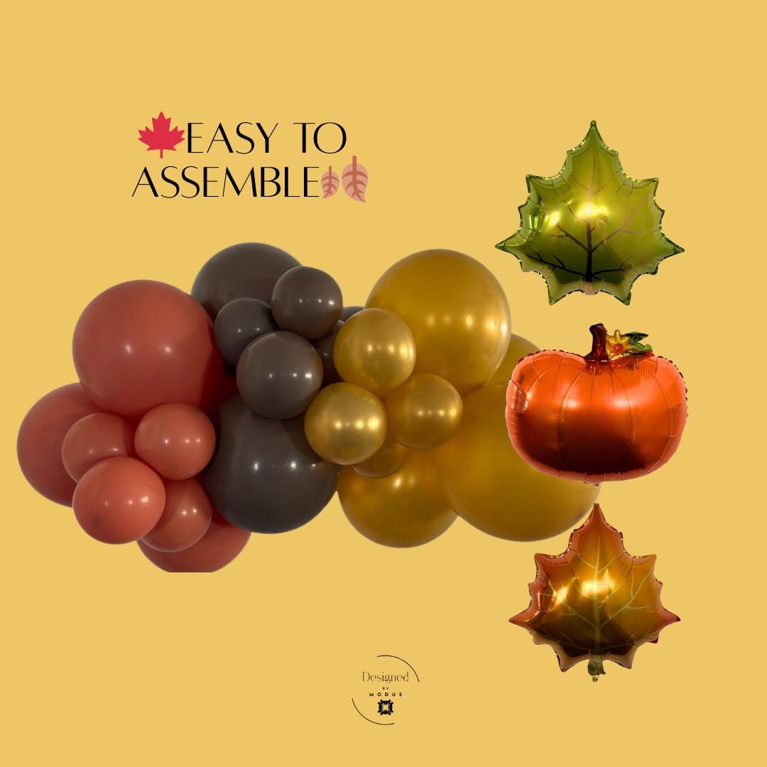 Golden ember balloon garland kit with cocoa and gold balloons, includes pumpkin and leaf foil balloons. Easy to assemble DIY fall balloon arch for home or party décor