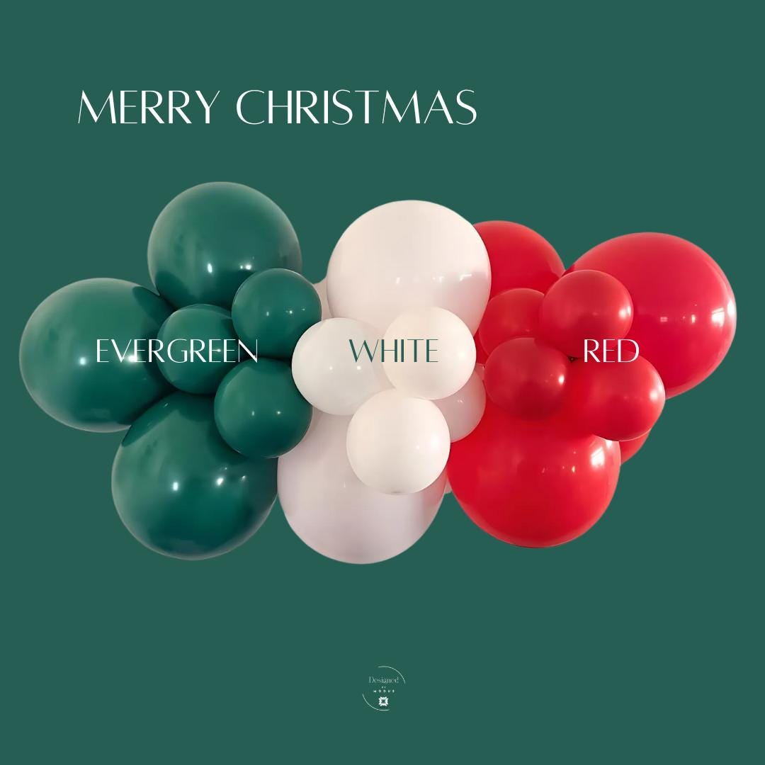 Christmas balloon garland in evergreen, white, and red colors arranged in a festive cluster on green background with Merry Christmas text.