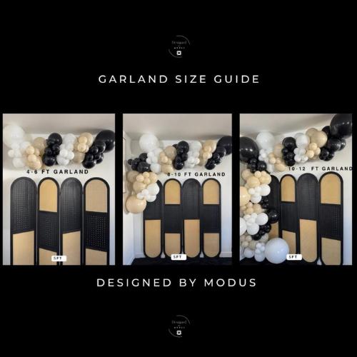 Balloon garland size guide showing 4–6 ft, 8–10 ft, and 10–12 ft garlands in black, white, and beige color scheme displayed above modern panel backdrops. Designed by Modus.