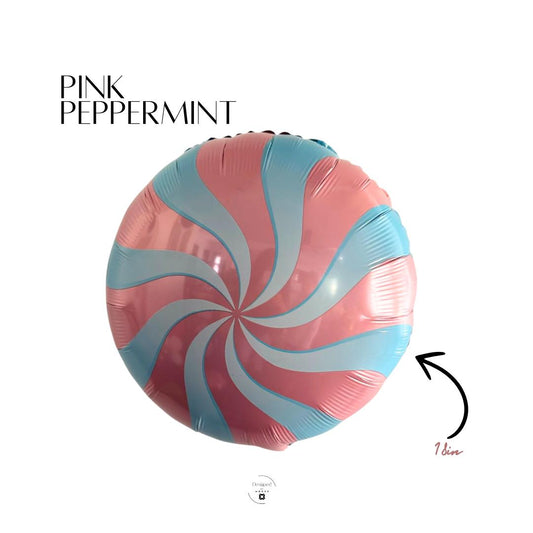 18-inch pink and blue peppermint swirl mylar balloon used for Christmas, holiday, or candyland party decorations by Designed by Modus.