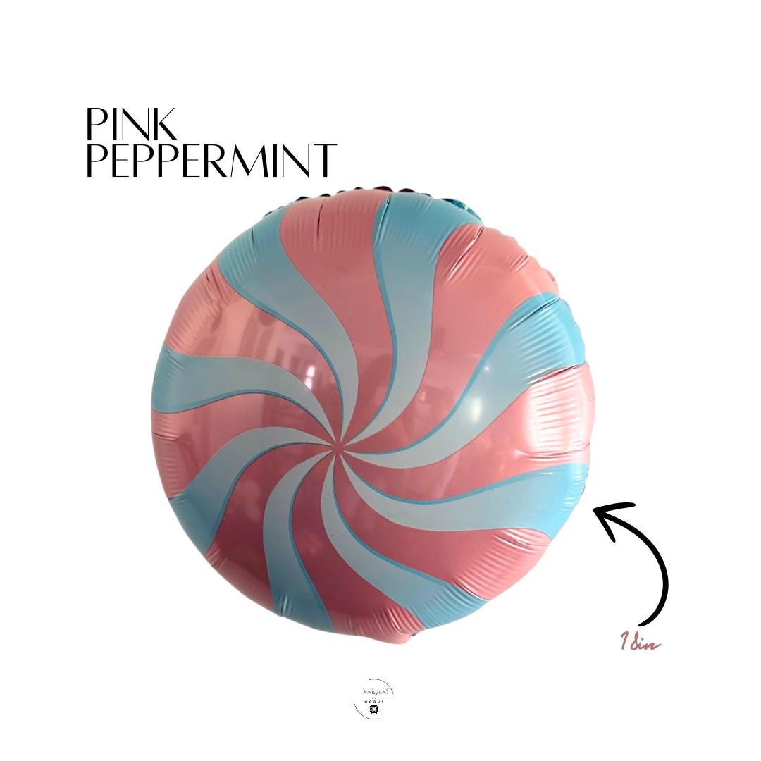 18-inch pink and blue peppermint swirl mylar balloon used for Christmas, holiday, or candyland party decorations by Designed by Modus.