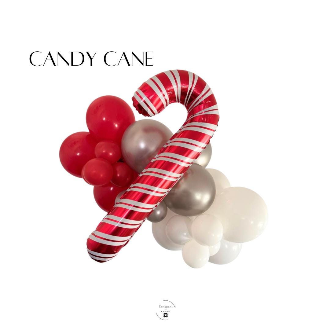 Red and white striped candy cane mylar balloon with red, white, and silver balloons, Christmas holiday party decoration by Designed by Modus.