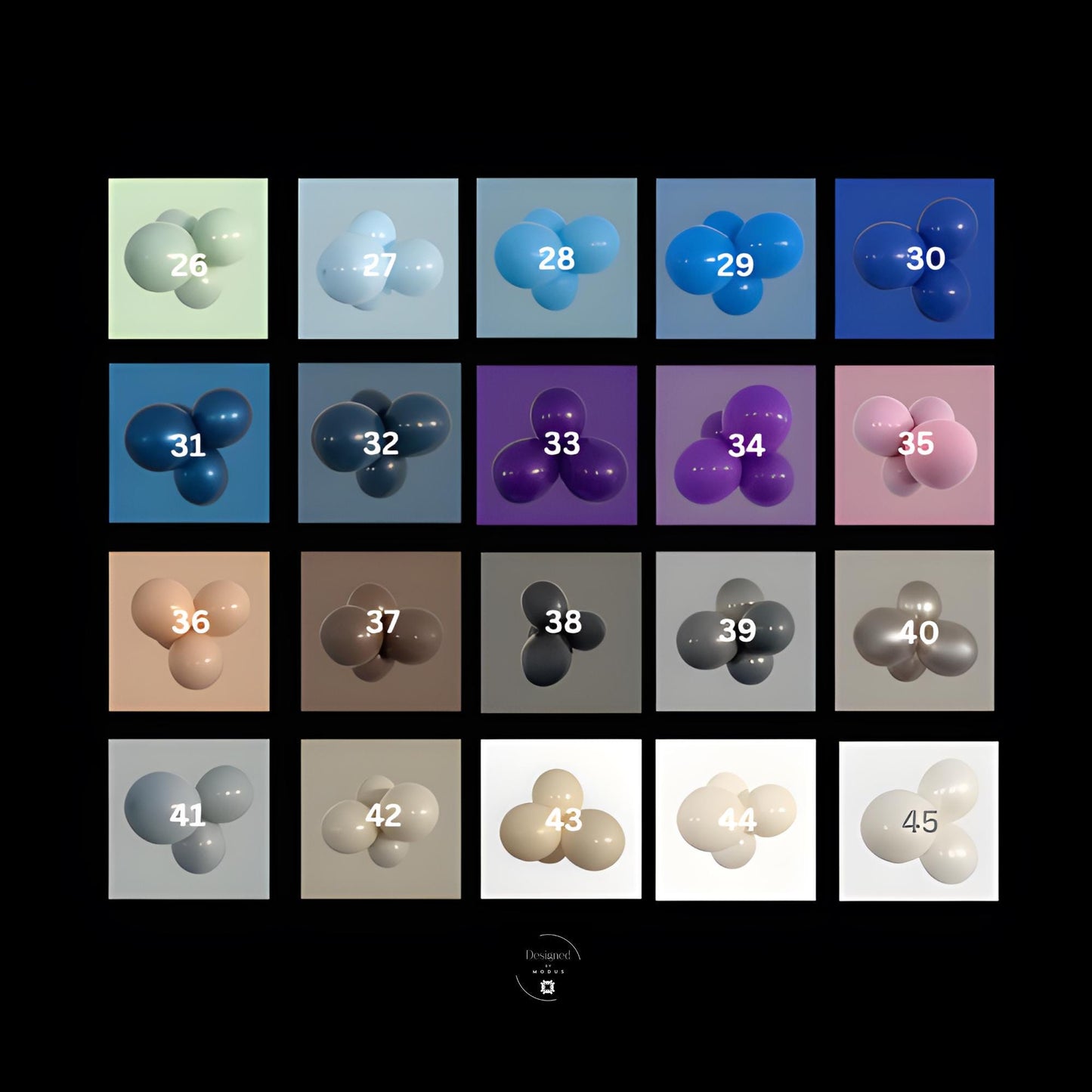 Balloon Color Chart 26–45 – blues, purples, and neutrals for any theme.