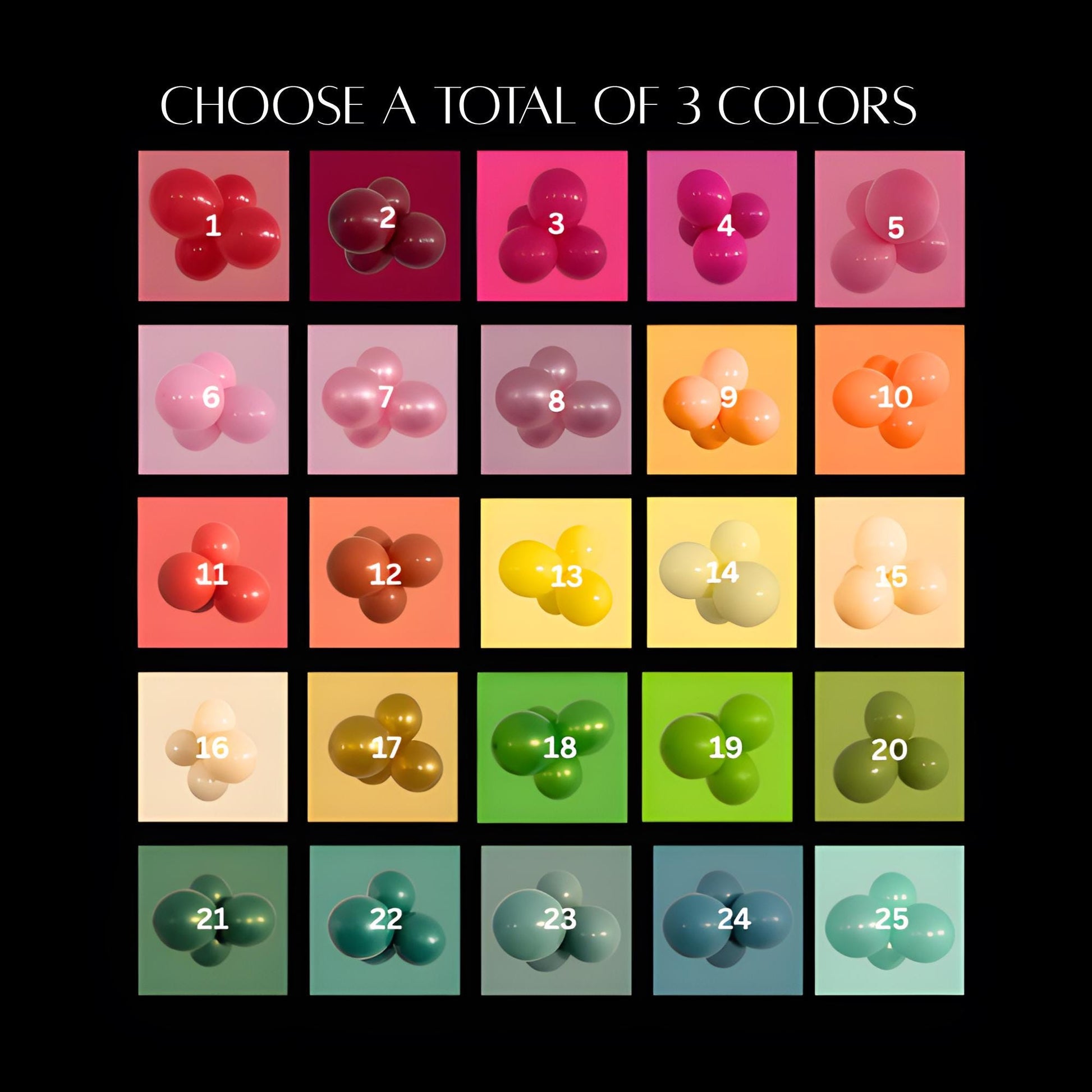 Balloon Color Chart 1–25 – vibrant balloon color options for custom garlands.
