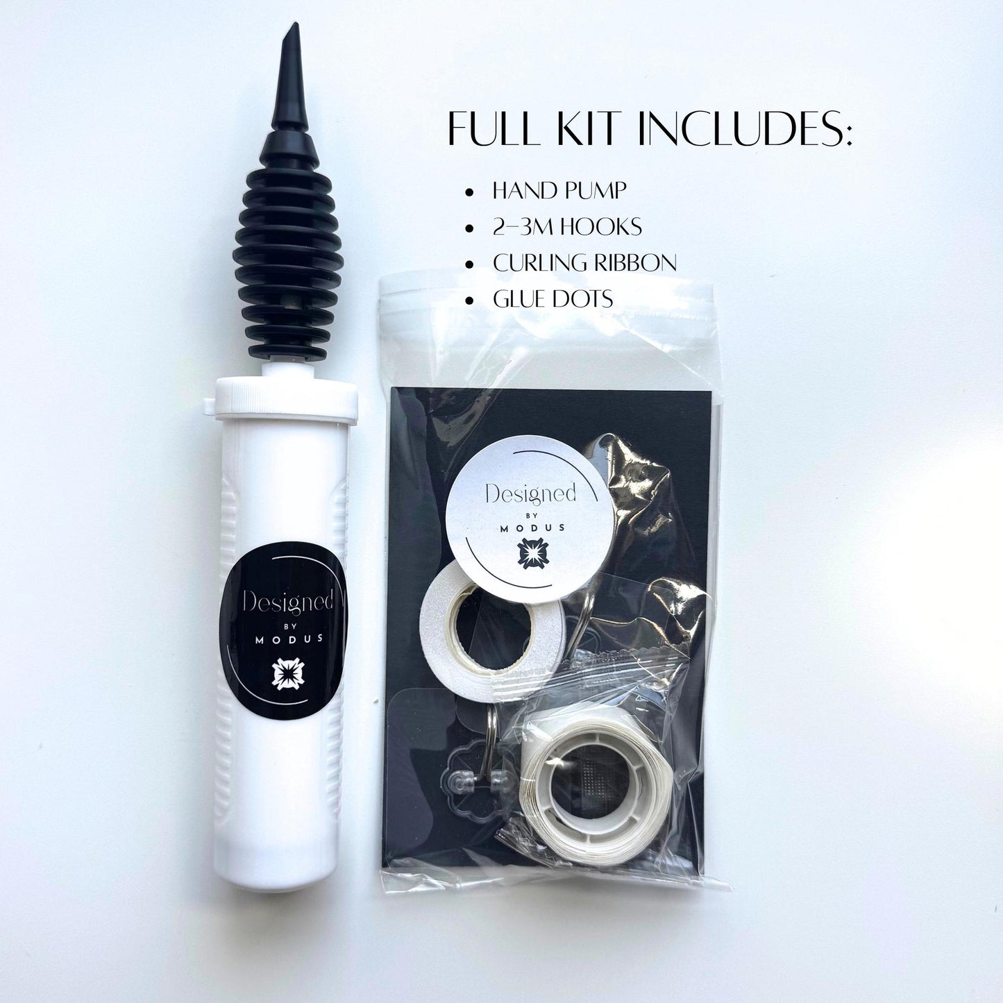 Full Balloon Garland Kit Supplies – includes pump, hooks, ribbon, and glue dots.