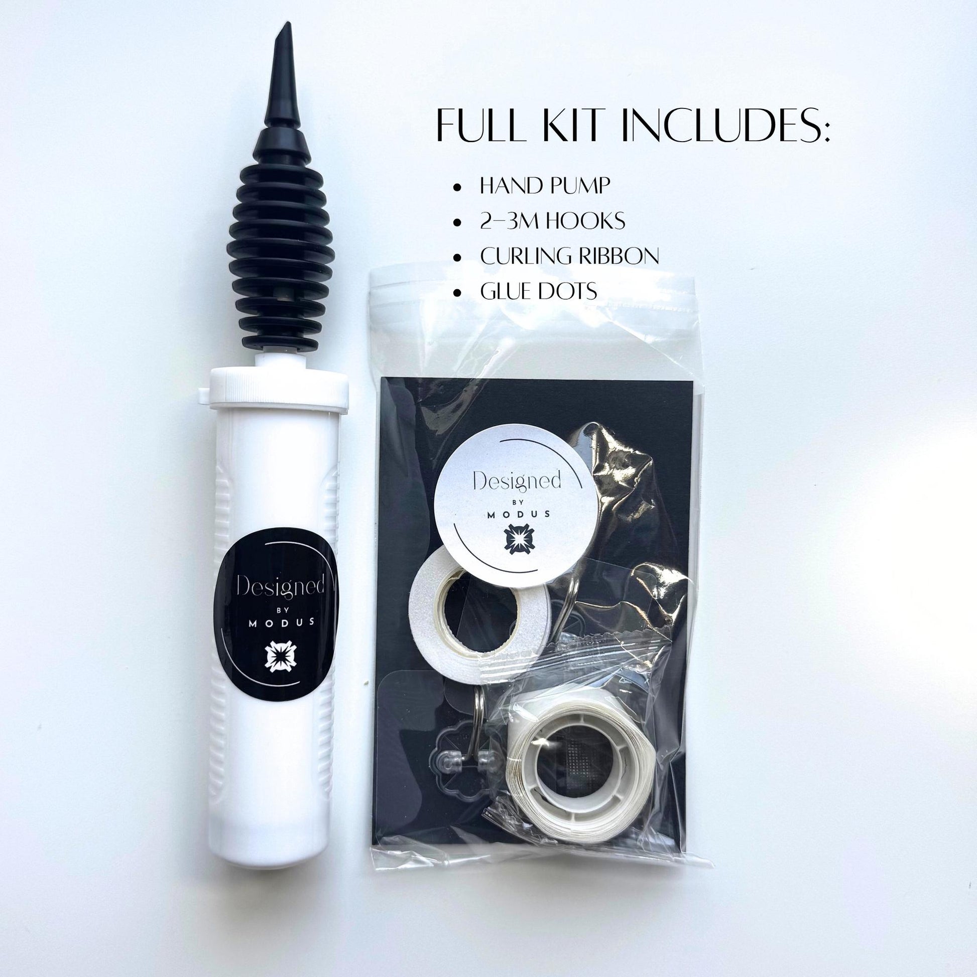 Full Balloon Garland Kit Supplies – includes pump, hooks, ribbon, and glue dots.