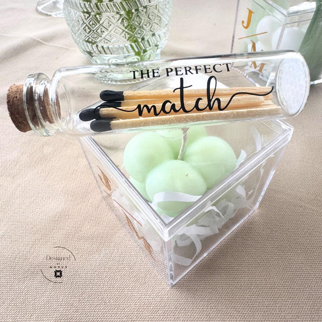 Wedding guest gift candle and matchbox set in bulk quantities.