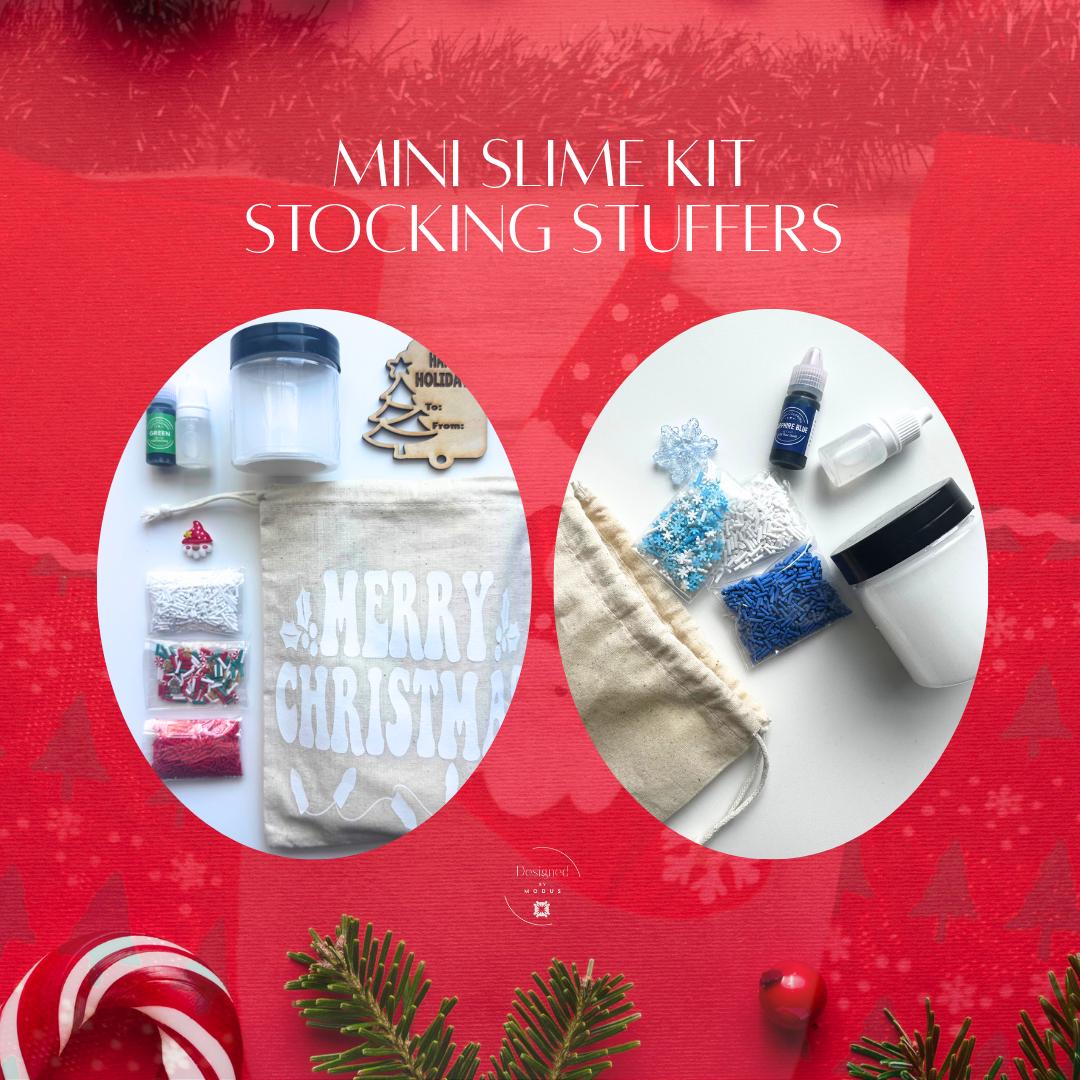 Side-by-side image of two Christmas slime kits — one blue Snowflake Slime, one red and green Traditional Slime — labeled “Mini Slime Kit Stocking Stuffers.”