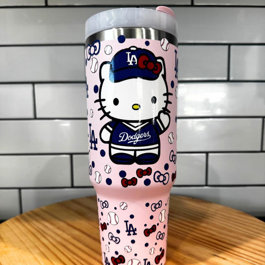 Hello Kitty Dodgers Tumbler Set: Pink Stainless Steel Mug, Pen & Keychain
