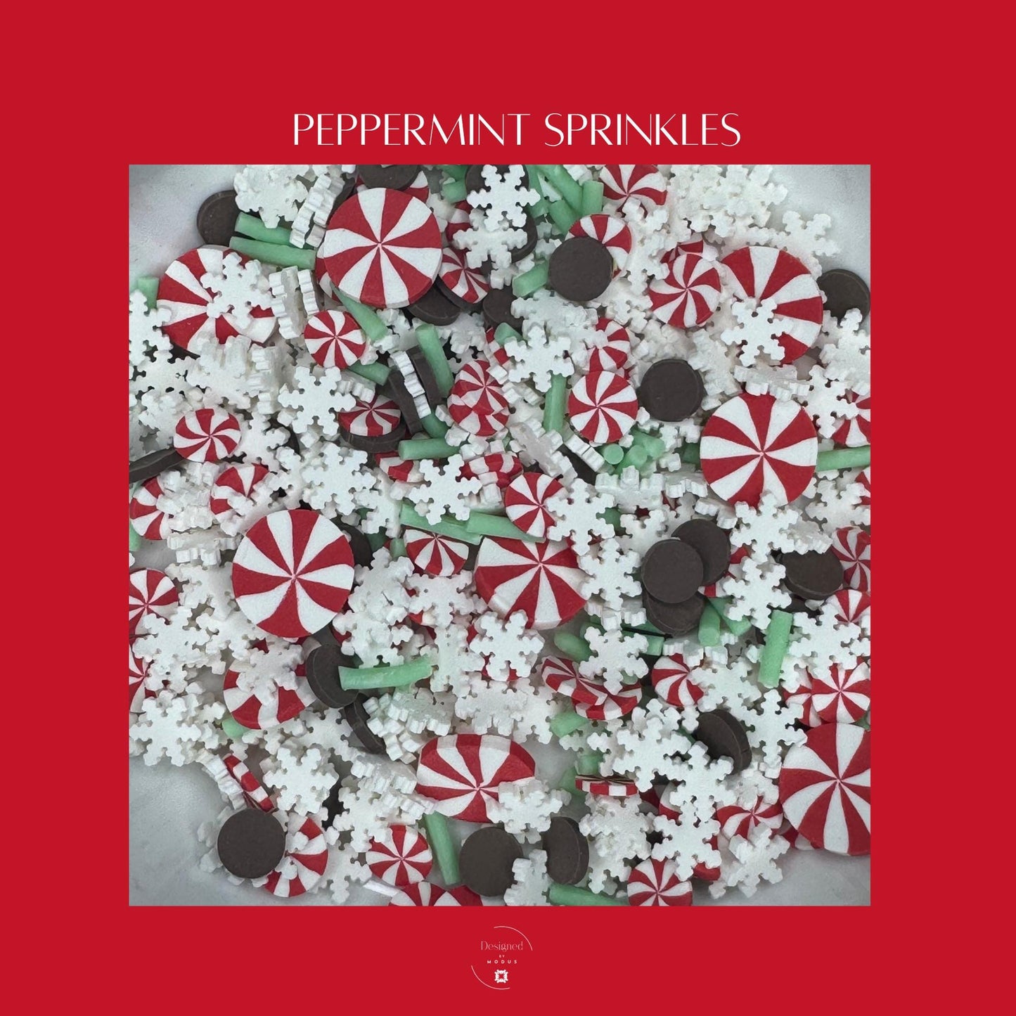 Peppermint-themed clay sprinkles mix with red and white candy pieces, snowflakes, and mini foam beads for slime decorating and Christmas crafts.