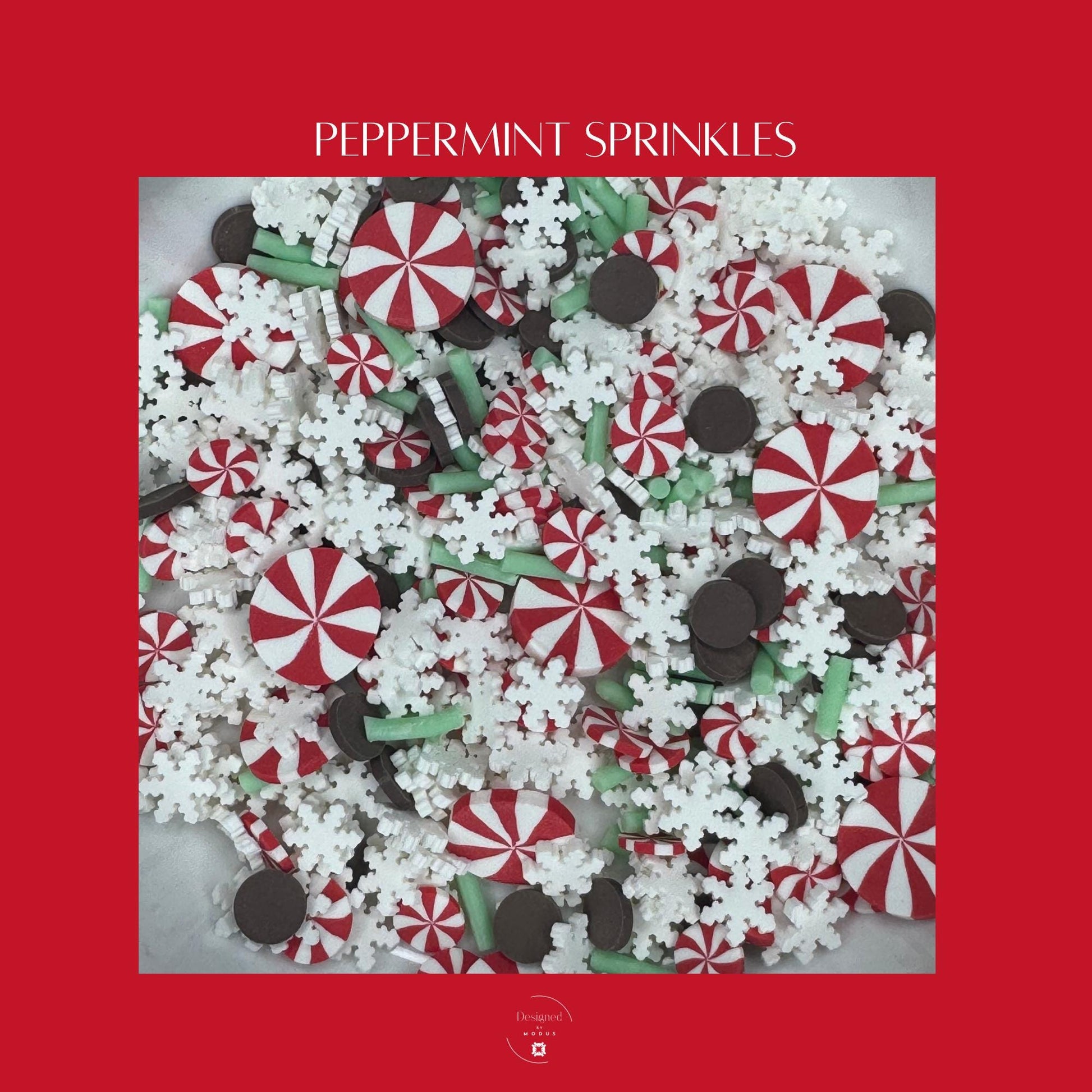 Peppermint-themed clay sprinkles mix with red and white candy pieces, snowflakes, and mini foam beads for slime decorating and Christmas crafts.