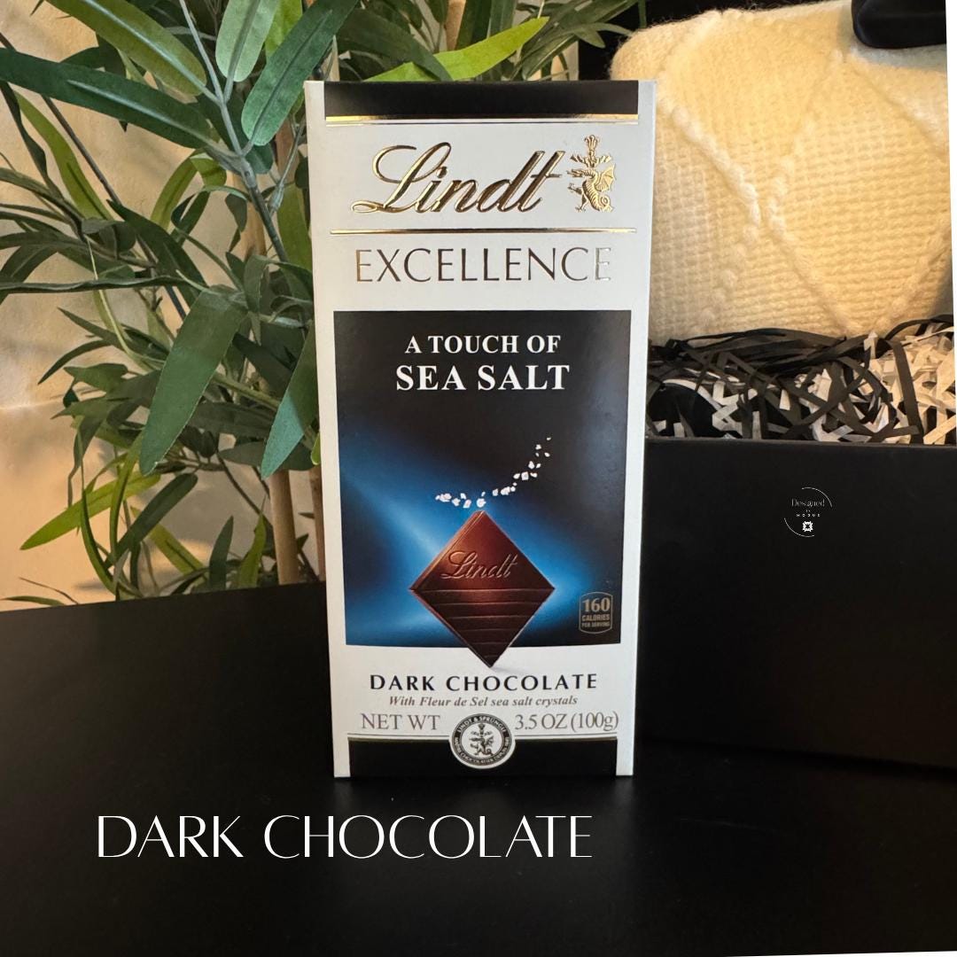 Lindt dark chocolate bar with sea salt, included in holiday gift box for her.