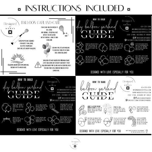 Balloon garland instruction guide showing step-by-step directions on how to build and care for a DIY balloon garland, including diagrams and illustrations. Designed by Modus.
